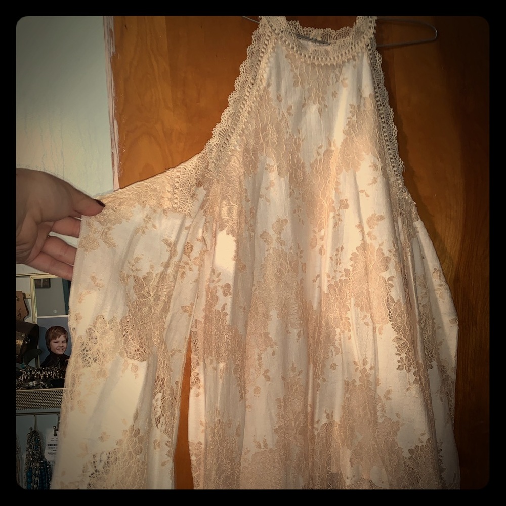 Cream nude lace cold shoulder shirt